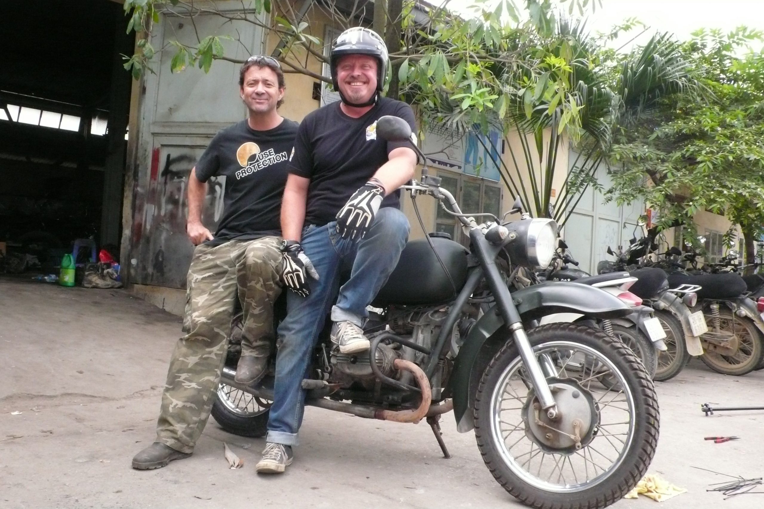 Charley Boorman and Digby on a Ural motorcycle