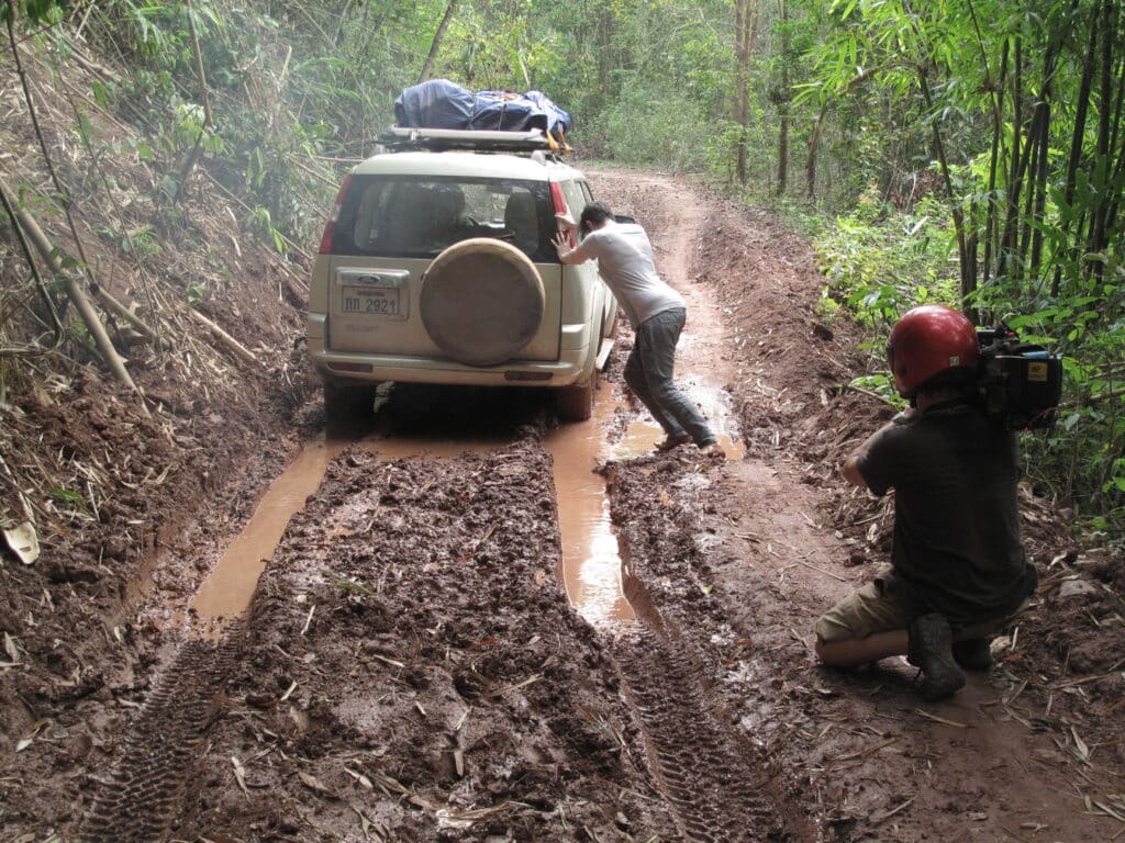 getting stuck in the mud in Laos