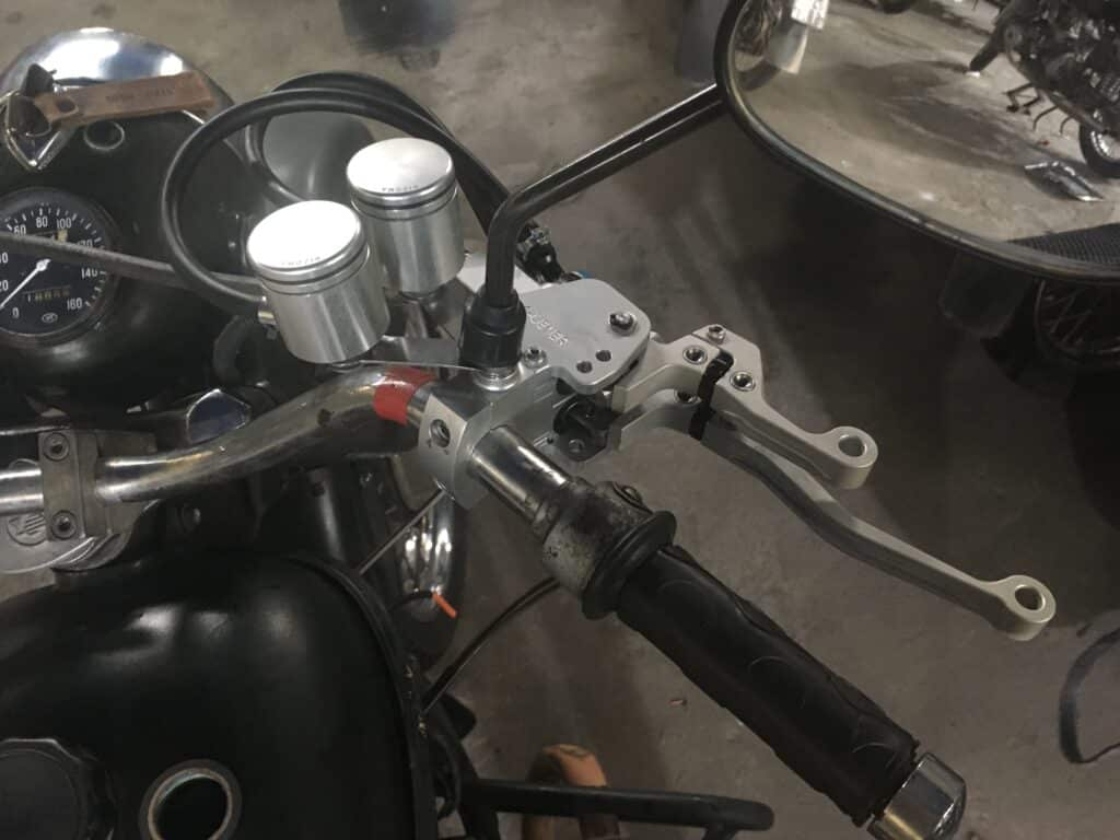 the special brake and clutch levers we attached to a Ural for No Limits