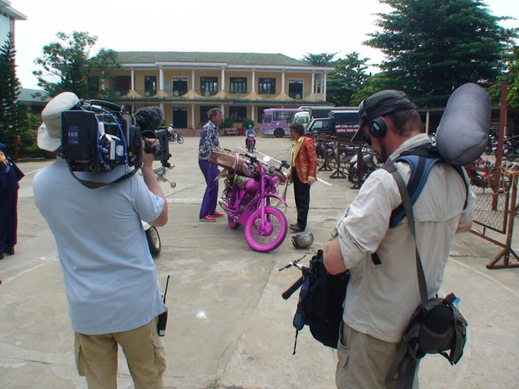 Filming the scene where the presenters get their Vietnamese motorcycle licenses on the Top Gear Vietnam Special
