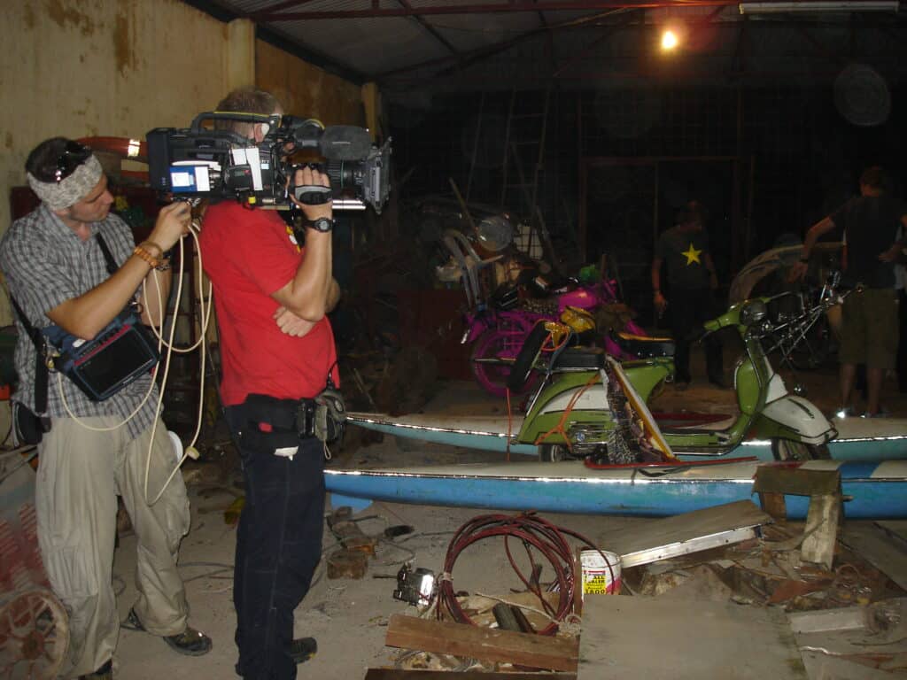 Filming the scene where the presenters turn their bikes into boats for the Top Gear Vietnam Special