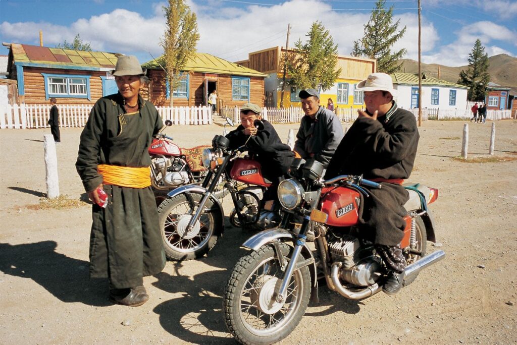 Local men and their motorcycles in Mongolia