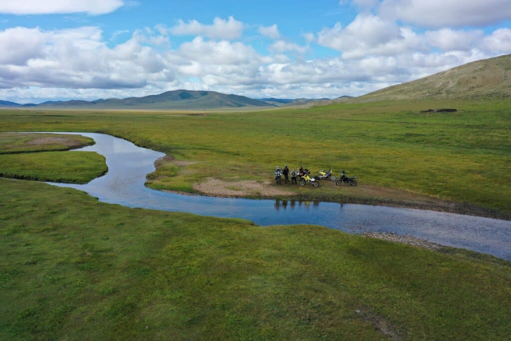 Explore Indochina riders on the way to the Yeruu River on a Mongolia motorcycle tour