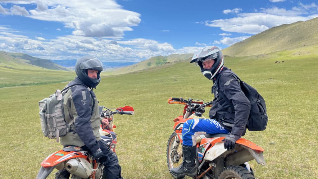 Explore Indochina riders take a break on the way to Tsetserleg while on a Mongolia motorcycle tour