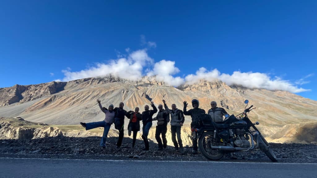 Explore Indochina riders enjoying a morning ride near Kaza on their Himalaya motorcycle tour in India