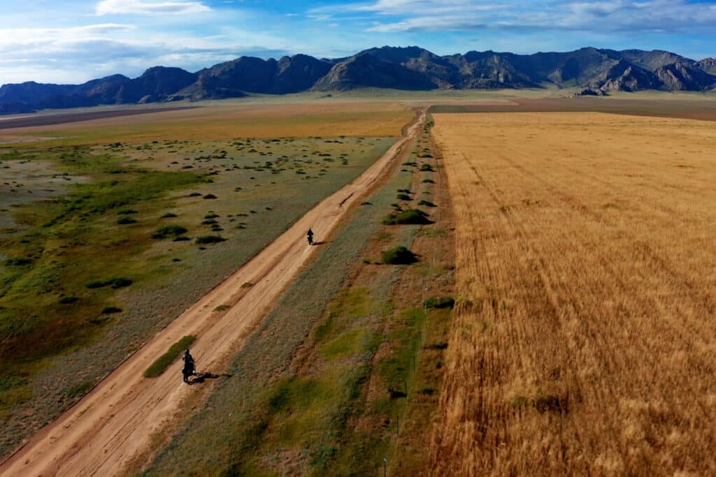 Mongolia motorcycle tour riders approaching Khongo Khan