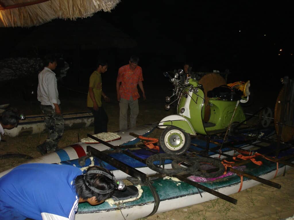 Last minute preparations made to Jeremy Clarkson's Vespa boat for Top Gear's Vietnam Special